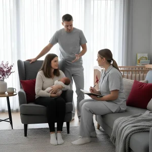 Medicīnas centra "Ģimenes sirds" mājas vizīte pēcdzemdību periodā - vecmāte apmeklē ģimeni.