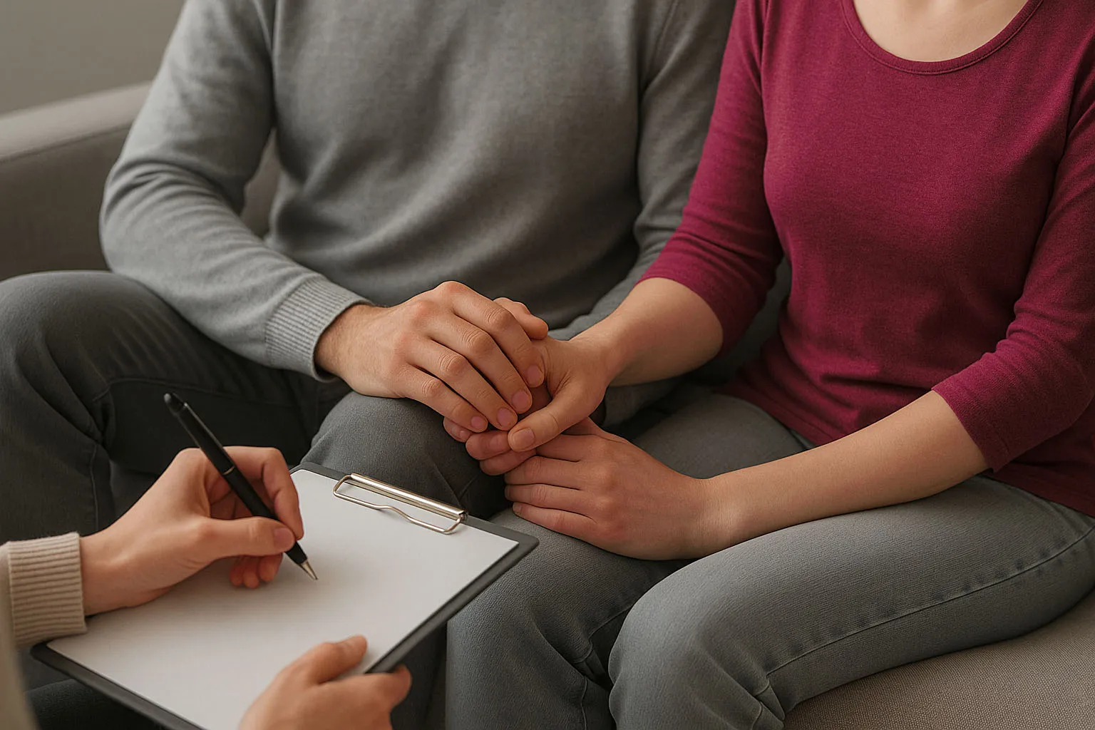 Pāris sēž dīvānā, sadevušies rokās, psihologa roka pieraksta kaut ko uz balta papīra psihologa konsultācijas laikā.
